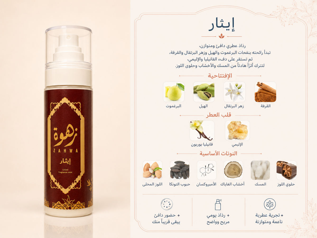إيثار — ميست زهوة الحليبي للجسم والشعر · عائلة شرقيّ دافئ